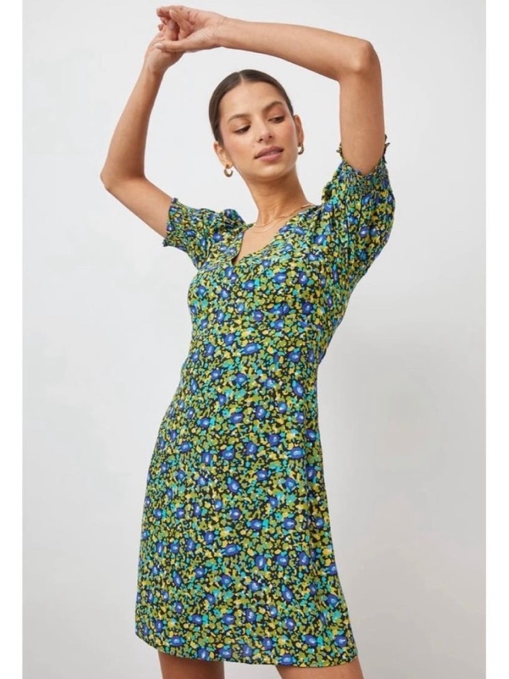 Rails Roma Dress Abstract Garden Print Green Blue Short Sleeve Size Small - Picture 3 of 10